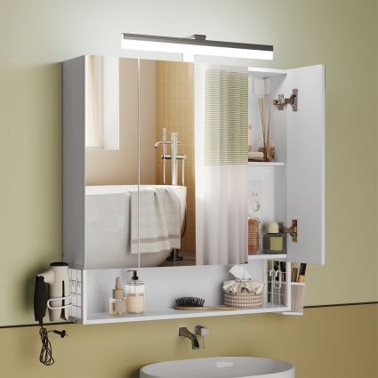 Armoire Murale Salle De Bain Avec Miroir LED – Meuble Blanc, Prise Intégrée, Étagères Réglables, Support Sèche-Cheveux