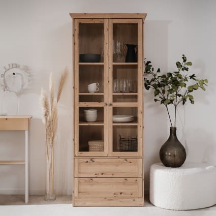 Vitrine Bois Naturel 100 X 170 Cm - 2 Portes Vitrées + 2 Tiroirs - Style Élégant Remi
