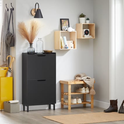 Scarpiera 63x63h cm in acciaio nero e legno con 4 ripiani - Duke