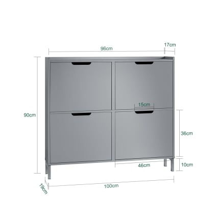 Muebles Pitarch | Ingresso Scarpiera Mobile ausiliario per ingresso con gambe, 4 porte, Bianco e Rovere Cambrian, 20 paia di scarpe, taglie grandi, 96,5x101x33cm, Moderno, Industriale, modello Tokyo