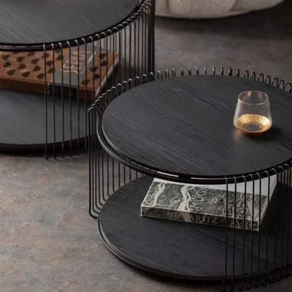 2er Set Couchtische mit Ablage aus Holz und Stahl, schwarz, D69/60cm Wire double