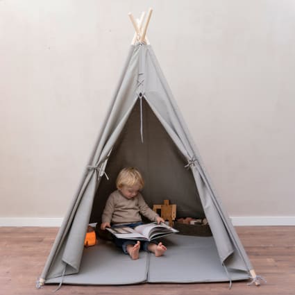Tenda Tipi Per Bambini In Cotone – Con Luci E Cuscini, 120x120x165 Cm, Grigio Stelle