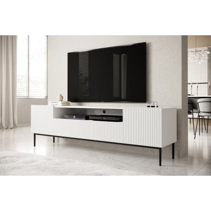 Mueble TV De 200 Cm - Con Cajones, Puertas Y Estantes, Diseño Minimalista Negro, Patas De Metal, Capacidad 30 Kg