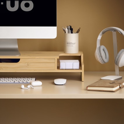 Support De Bureau En Bois De Bambou Navaris - Réhausseur Pour écran PC, Imprimante, TV Avec Espace Rangement