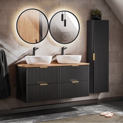 Lomadox Set Mobile Bagno Completo – Rovere Wotan – Lavabo In Ceramica, Specchio LED E 3 Pensili – Con Cassetti Softclose