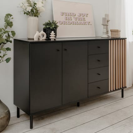 Buffet Bas Style Japonais Noir – 2 Portes, 1 étagère – Dimensions L90 X H50 X P50 Cm