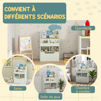 Bibliothèque 3 étagères Avec 2 Niches Et Grand Tiroir – Meuble Rangement Enfant Et Bureau En Bois Blanc HOMCOM