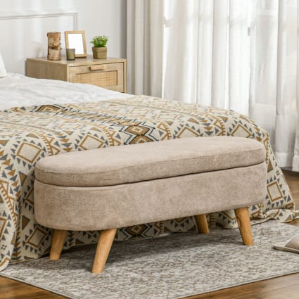 HOMCOM Panca Fondo Letto Con Design A Bottoni, Panca Imbottita In Tessuto Effetto Lino E Legno, 141x44x65 Cm, Beige