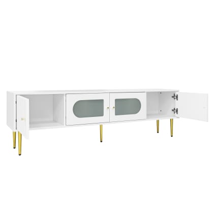 Mobile TV Moderno Con Cassetti, Design Ad Angoli Curvi E Lati Ondulati, Colore Bianco Con Maniglie E Gambe Dorate