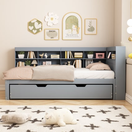 Letto estraibile effetto legno grigio con presa USB e contenitore