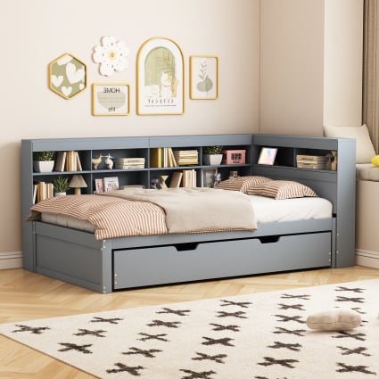 Letto estraibile effetto legno grigio con presa USB e contenitore