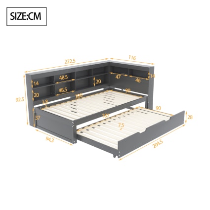 Letto estraibile effetto legno grigio con presa USB e contenitore