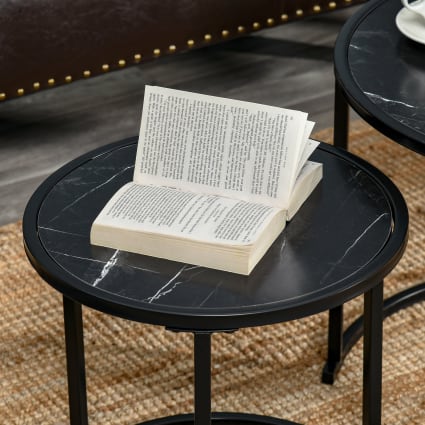 Tables Basses Rondes Gigognes HOMCOM - Lot De 2 (Ø60 Cm Et Ø40 Cm) - Plateau Effet Marbre, Pieds Métal Noir - Empilables
