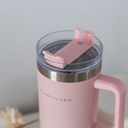 Mug Isotherme 1.2L DAYMOO Avec Paille & Poignée - Gobelet Thermos Acier Inoxydable Rose Blanc