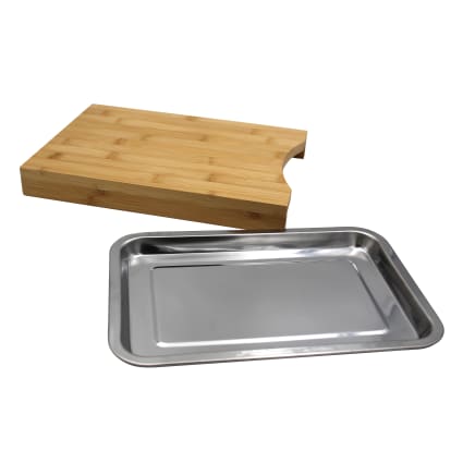Planche à Découper En Bois D'Acacia Avec 2 Bacs Inox 304 - 40x29.5x6.5 Cm - Planche De Cuisine Élevée