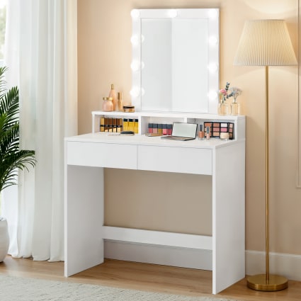 Coiffeuse Avec Miroir Éclairage LED - Table 80 Cm + Armoire Latérale - Tabouret Inclus - Pieds Métal Blanc - Modulable Gauche/Droite - 9