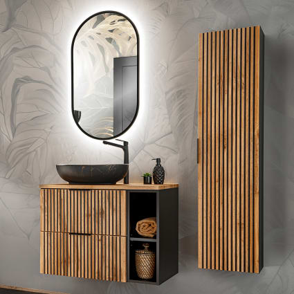 Levandeo Set Di 2 Cestini Portafrutta In Metallo Nero E Legno MDF, Design Moderno Industriale, 29 E 35 Cm