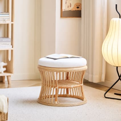 Pouf Rond En Rotin Vintage – Marron Clair Avec Coussin – Style Asiatique