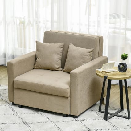 Poltrona letto con cuscini e spazio portaoggetti marrone chiaro