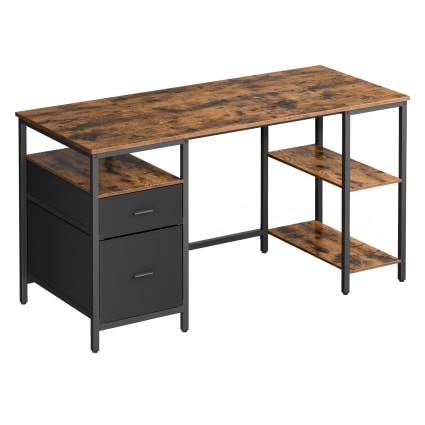 Bureau d’ordinateur 3 étagères 2 tiroirs marron rustique et noir | Maisons du Monde
