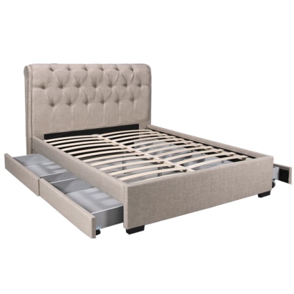 Letto Matrimoniale 140x190 Cm Con Contenitore, LED RGB, 3 Cassetti E Testiera Apribile - Velluto Beige, Con Rete A Doghe - 6