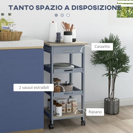 Carrello Da Cucina HOMCOM 2 Ripiani + Vassoio - Legno Di Pino E MDF Bianco, 4 Ruote Girevoli