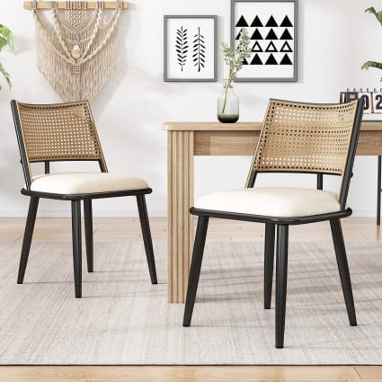 Set di sedie da pranzo in PU bianco con schienale in rattan