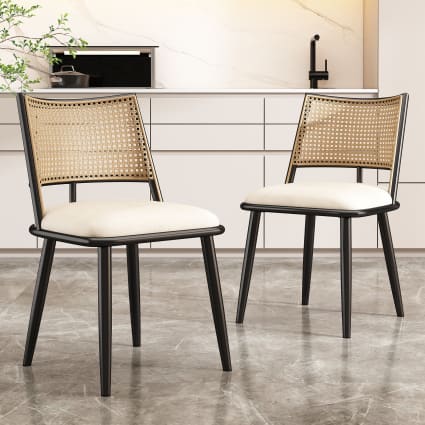 Set di sedie da pranzo in PU bianco con schienale in rattan