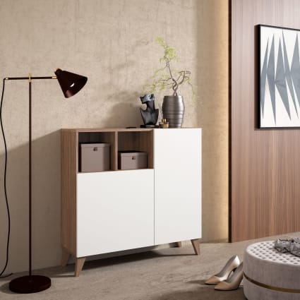 Zapatero melamina nogal puertas blanco 87x90x27 cm Oslo | Maisons