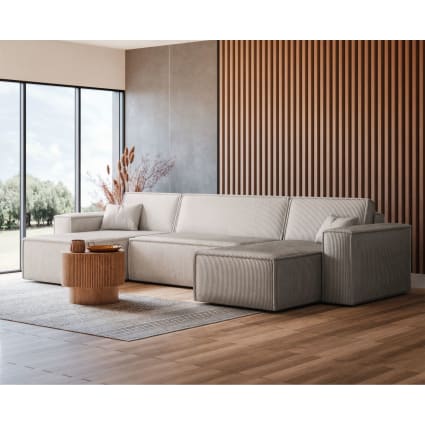 U-Form-Sofa mit Schlaffunktion und Cordbezug, hellbeige Scarlo u
