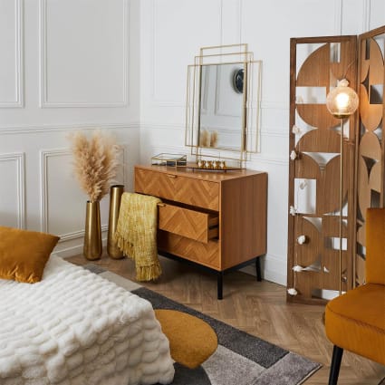 Commode 3 Tiroirs En Bois Style Chevron - Design Moderne, Rangement Spacieux, Facile à Monter, Idéale Chambre Ou Salon