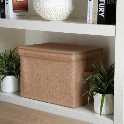 Hohe Aufbewahrungsbox mit Deckel aus Bouclé-Stoff in Beige - H30 cm