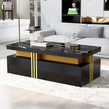 Tavolino Moderno Lucido Nero Con LED E 2 Cassetti - 95x53x37 Cm - Con Mensole E Luci RGB A Telecomando