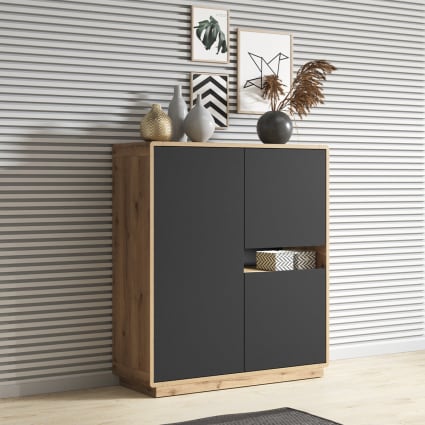 Highboard mit 3 Türen Schwarz HDF Mattschwarz und Holz Raven