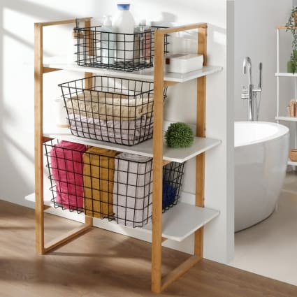 KEILEOHO Lot De 4 Paniers Métalliques Blancs 28x22x12 Cm - Rangement Fil Ouvert - Idéal Salle De Bain, Bureau, Cuisine - Poignées Solides