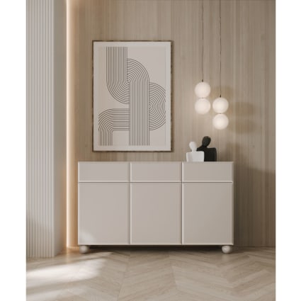 Sideboard 3-türig auf Kugelfüßen mit drei Schubladen, beige 150 cm Chocolated