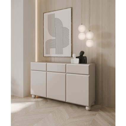 Sideboard 3-türig auf Kugelfüßen mit drei Schubladen, beige 150 cm Chocolated
