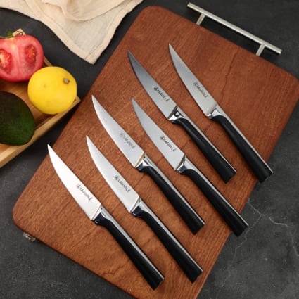 Set De 6 Couteaux De Cuisine Professionnels Avec Bloc | Lame Acier Inox Noire Antirayure