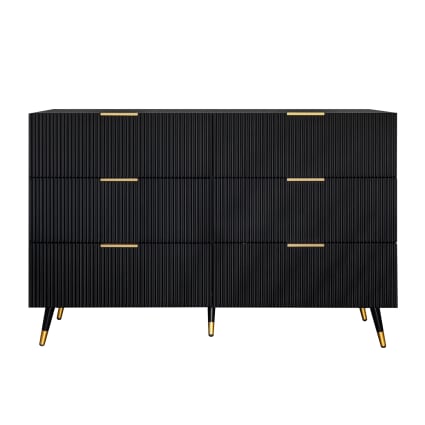 Sideboard mit 6 Schubladen, Goldenen Griffen und Füßen, Schwarz