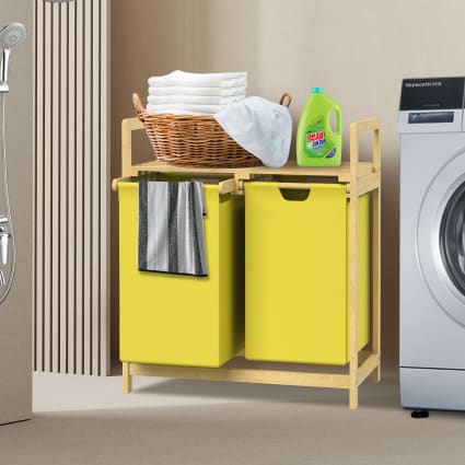Cesto Portabiancheria 2 Scomparti 95L - Yalixuan Con Ripiano E Sacchetti Estraibili - Struttura In Legno E Metallo, Piedini Regolabili - Per Bagno, Camera Da Letto, Lavanderia