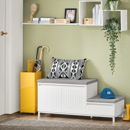 Banc de rangement à chaussures en bois avec coussin en lin à 2 niveaux pour entrée et couloir