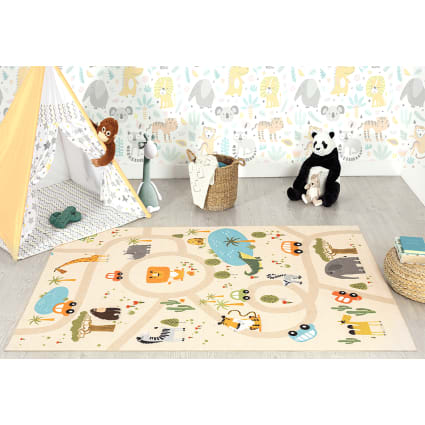 TT Home Tapis De Jeu Chambre Enfant Garcon Fille Voitures Motif Animal Antidérapant, Couleur:Gris Bleu Marron, Dimension:80x150 cm
