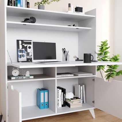 Bureau Secrétaire Pliable Avec Rangement - 100x50x140 Cm Blanc - Meuble De Bureau Moderne