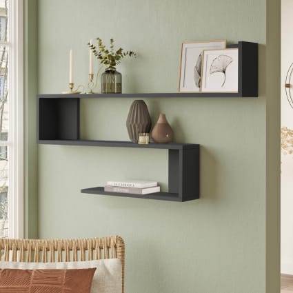 Mensola A Parete Invisibile Gronda, Set Da 2 Pezzi In Metallo Nero Con Dettagli Oro, 60x17x3,8 Cm, Per Cucina E Bagno