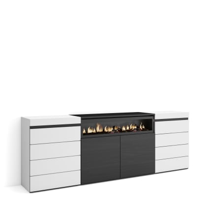 Kommode Holzeffekt Kamin mit Feuereffekt 214x35x75cm Weiß und Schwarz Cozy