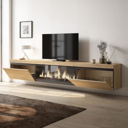 Mobile TV Soggiorno Skraut Home - Con Camino Elettrico LED, Bianco E Rovere, 200x45x35 Cm