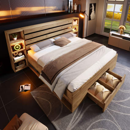 Letto imbottito con illuminazione a LED e 2 cassetti, letto singolo