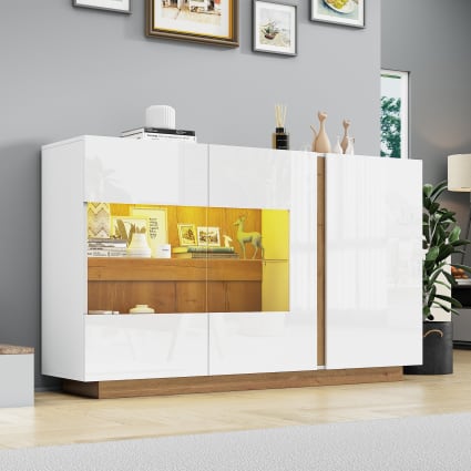 Buffet Metro Vladon – Corps Blanc Brillant, Insertion Chêne, éclairage LED Inclus | Rangement Design Pour Salon
