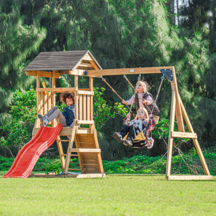 Aire De Jeux En Bois Malik Avec Toboggan, Balançoires, Bac à Sable - Dimensions 345x336x269 Cm, Pour Enfants 3-10 Ans
