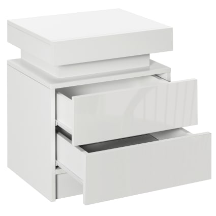 Set di 2 Comodini Camera da letto con Stazione di Ricarica e LED Comodino Bianco lucido in Legno con 3 Cassetti e Armadietti Scorrevoli Nascosti, 16 Colori Regolabile, per Ufficio Soggiorno 39x44x58cm